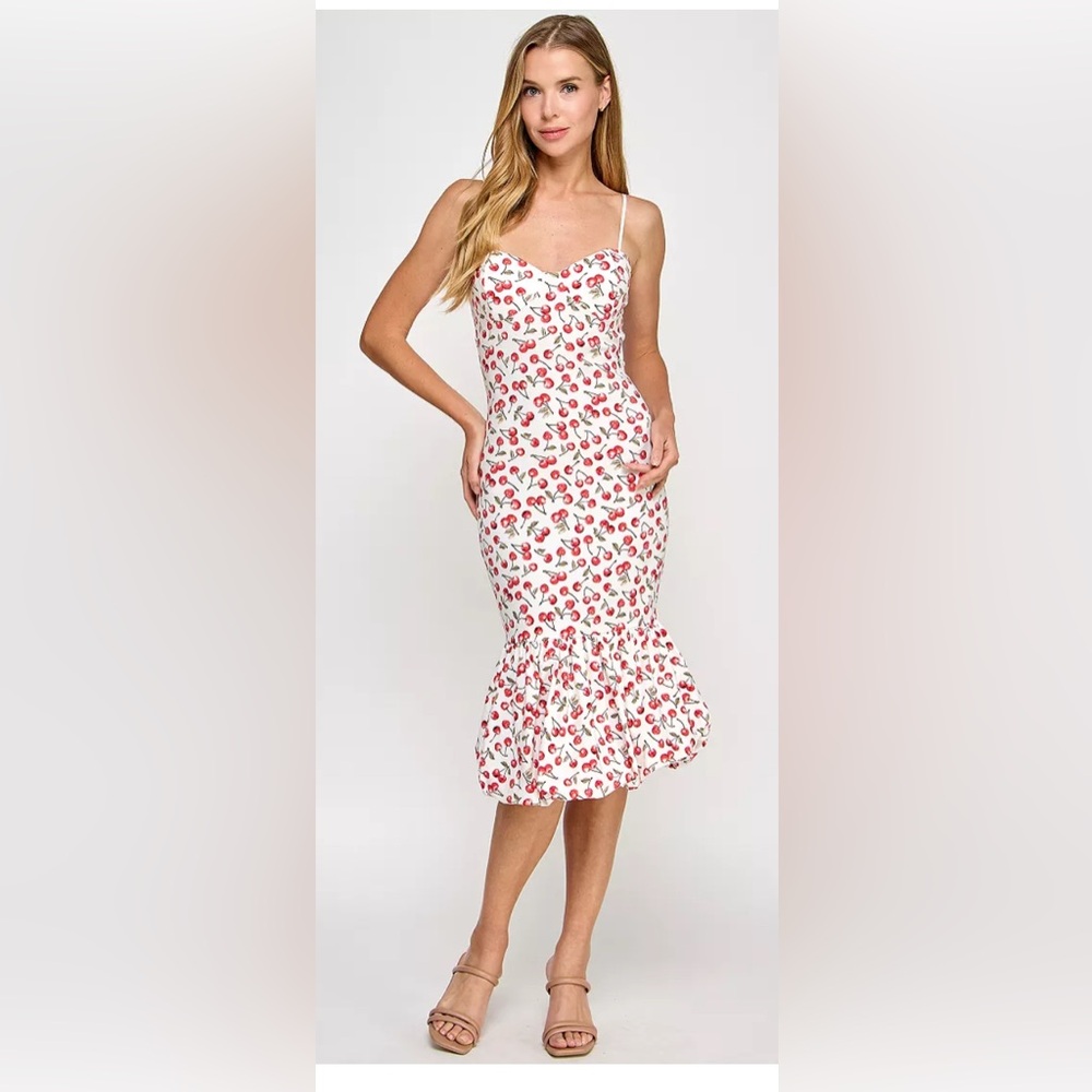 White Dress with Red Cherry Print and Spaghetti Straps